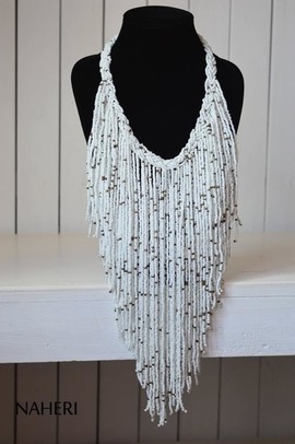 African beaded necklace | White Tribal fringe neckpiece | Gift for her
