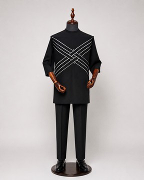 Men's Black Native Top with Geometric White Line and Crystal Button Detail