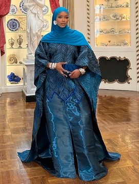 Luxury Modest African Kaftan Dress – Elegant Blue Boubou Maxi Dress with Matching Hijab for Women