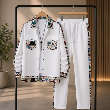Ensemble chemise à manches longues et pantalon jogger pour homme, avec empiècement à imprimé aztèque blanc