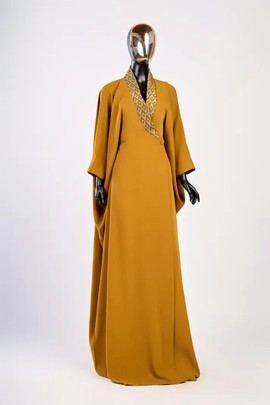 Women's Mustard Yellow Kaftan Maxi Dress – Embellished Shawl Collar Wrap Gown with Dolman Sleeves