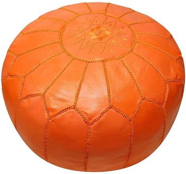 Grand pouf en vrai cuir Naturel Orange