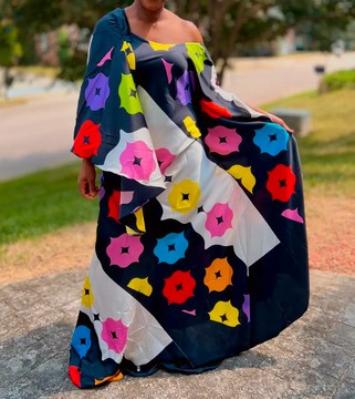 Black Multicolor One Shoulder Asymmetrical Maxi Kaftan Dress