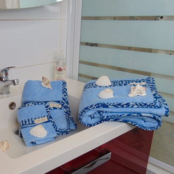 Lot de serviettes et un gant de toilette "Kemet" Ndop éponge bleu clair  Fait main