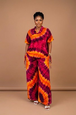 Ensemble deux pièces pour femme, composé d’un haut dos nu à imprimé de cercles violet vif et blanc et d’un pantalon palazzo à jambes larges