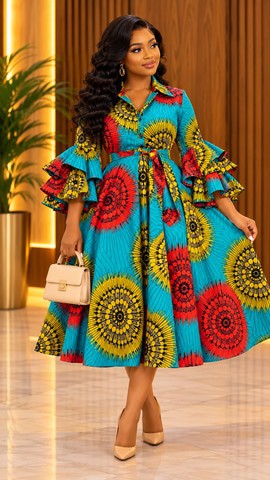 Ankara Midi Dress with Ruffle Sleeves | African Print Dress