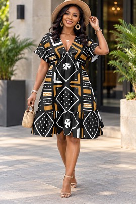 Robe kimono à col en V et manches courtes pour femme en bogolan ancien | Robe à imprimé africain traditionnel