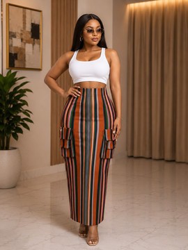 Jupe longue cargo en tissu traditionnel Aso-Oke multicolore à rayures pour femme – Taille haute