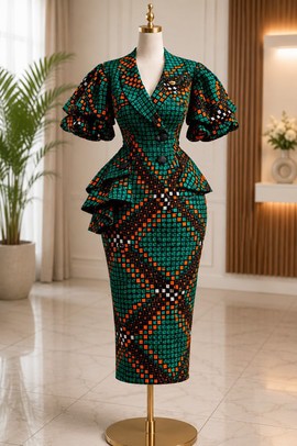 Robe midi ajustée à basque, à manches bouffantes, pour femme, imprimé Ankara vert et orange