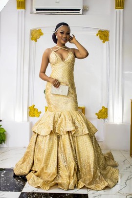 Robe de bal en dentelle de sirène d'or de longueur de plancher, vêtements de femmes africaines, robe longue, robes de bal