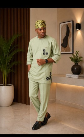 Tenue traditionnelle pour homme vert sauge avec broderie florale en détail