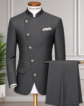 Men's Charcoal Grey Prince Coat Suit – Nehru Collar Asymmetric Button Blazer with Trousers