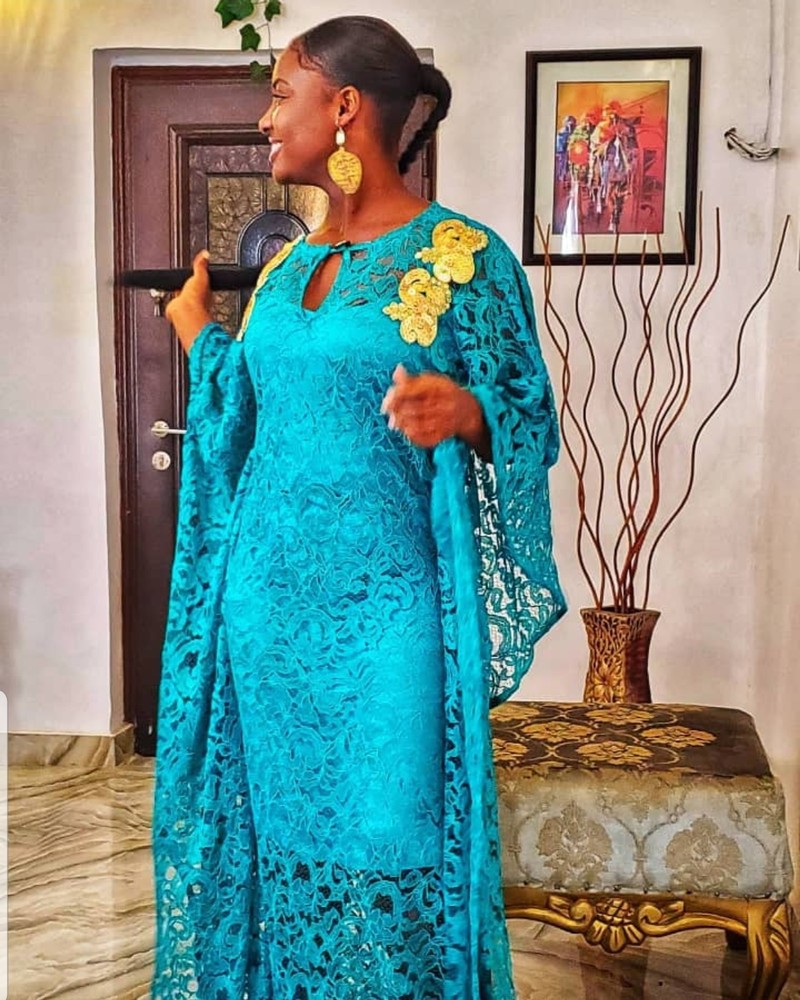 Elegant African Woman Embellished Lace Boubou/Long Dress With Scarf for - ANKA Elegant African Woman Embellished Lace Boubou/Long Dress With Scarf for - ANKA