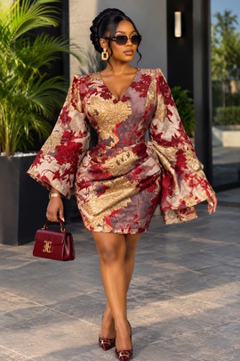 Women's Red &amp; Gold Floral Brocade Mini Dress – V-Neck Bell Sleeve Draped Bodycon Dress