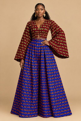Ensemble deux pièces en imprimé africain avec manches cloche évasées, jupe longue et crop top
