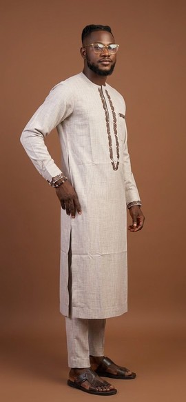 Light Beige Textured Kaftan Ensemble with Embroidered Detailing