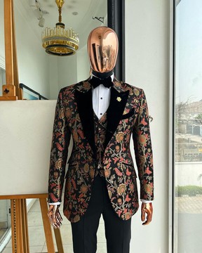 A Gold, peach &amp; black mix metallic jacquard, peak lapel tuxedo suit
