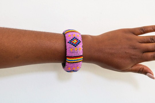 Handmade Pink African Beaded Cuff Bracelet for Women – Colorful Statement Bangle