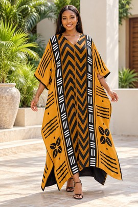 Robe midi à col en V et manches courtes pour femme en imprimé africain | Robe midi en imprimé africain | Bynelo