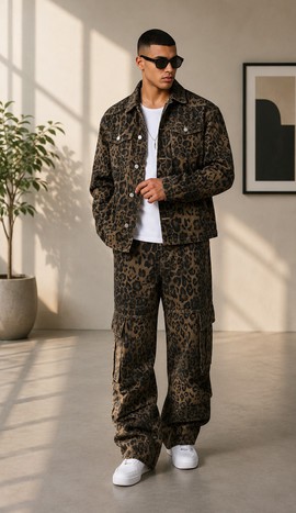 Men's Leopard Print Denim Two-Piece Set – Trucker Jacket &amp; Cargo Pant