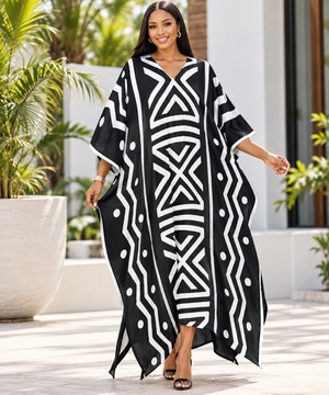 Robe midi à col en V et manches courtes pour femme en imprimé africain | Robe midi en imprimé africain | Bynelo