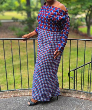 Blue Multicolor Geometric Print Off Shoulder Cotton Maxi Dress