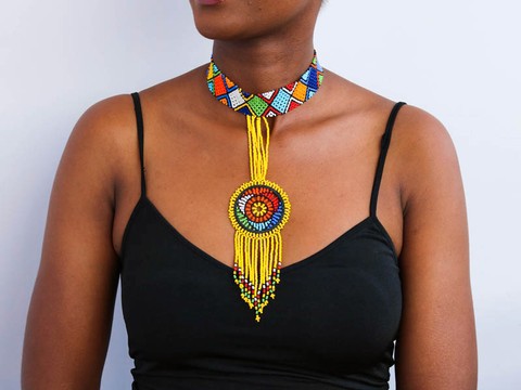 African Beaded necklace, Zulu necklace, Beaded choker necklace, Fringe necklace