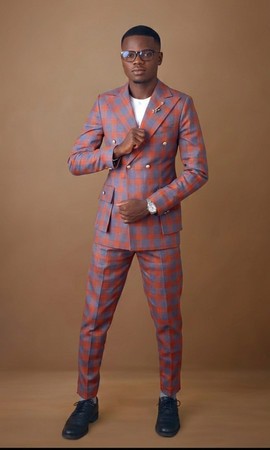 2-Piece Double-Breasted Plaid Suit  Orange &amp; Grey
