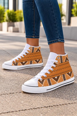 Orange Dotted Chevron Mudcloth print Women's Classic High Top Canvas Shoes | African Sneakers