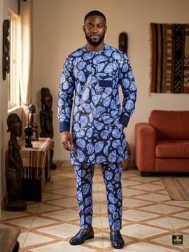 Men Blue Batik Stone-Print Two-Piece Kaftan Set