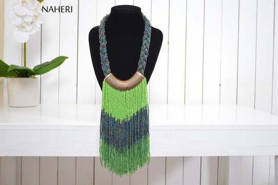 African beaded fringe necklace multicolor neckpiece. Gift for her