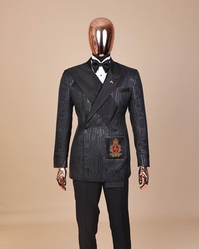 The “Da Vinci” charcoal black, metallic jacquard, single lapel suit