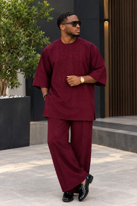 Men's Burgundy Embroidered Kaftan Set – Two Piece Short Sleeve Top and Wide Leg Trousers