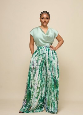 Batik High-Waist Palazzo Trousers with Cowl Neck Silk Blouse|Summer fit|Casual fit|Garden parties