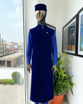 The “orunmila” navy blue Trench soaked Italian velvet traditional jacket, Kaftan