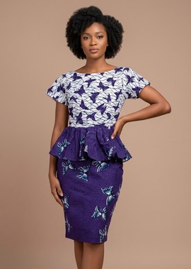 Elegant African Ankara Peplum Dress – Purple Butterfly Print Fitted Midi Dress