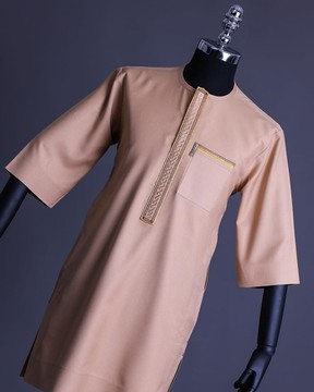 A Mustard brown, 3/4 sleeve kaftan, spiral &amp; interwoven embroidery detailing african kaftan native.