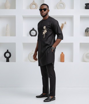 Premium Men's Senator Wear – Luxury 3-Quarter Black Kaftan Set for Formal &amp; Traditional Occasions