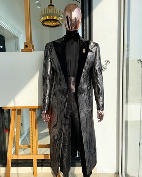 Trench metallic silver and black mix jacquard tuxedo peak lapel suit