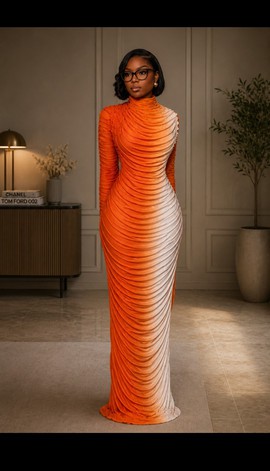 Women's Orange Ombré Ruched Mock Neck Long Sleeve Maxi Dress – Bodycon Evening Gown