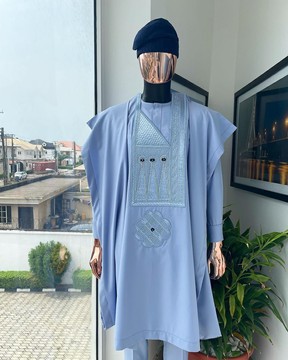 A Skye blue agbada, tuatara eyed embroidery design, Agbada