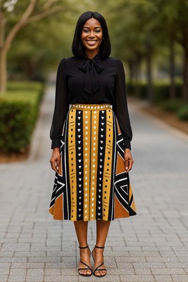 Cowrie Print African Fabric Skirt | Geometric Fashion Midi Length
