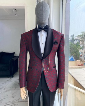 A burgundy &amp; dispersed green floral pattern jacquard shawl lapel blazer suit