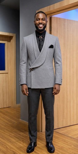 Ensemble blazer croisé gris pour homme – Veste à col châle avec col roulé noir et pantalon