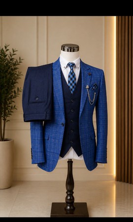 Costume trois pièces à carreaux bleus pour homme avec gilet contrastant et cravate à carreaux – Ensemble de costume formel en laine