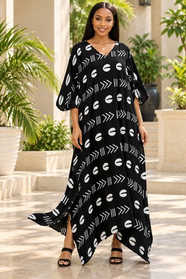 Robe midi à col en V et manches courtes pour femme en imprimé africain | Robe midi en imprimé africain | Bynelo