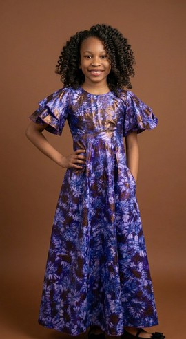 Kids Batik Tie Dye Maxi Dress (Royal Blue Print with Flutter Sleeves)