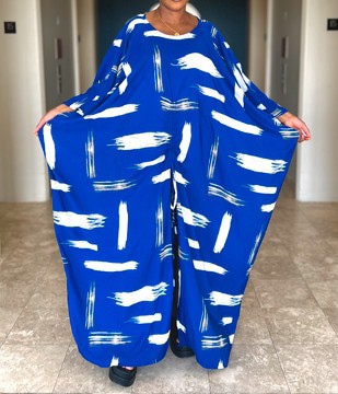 Blue and White Slit Front Oversized Maxi Kaftan Dress
