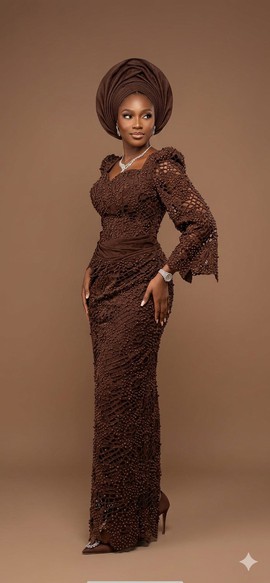 Elegant Chocolate Brown Beaded Lace Gown