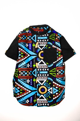 African Print Wax Shirt, Blue and Black Fast Car